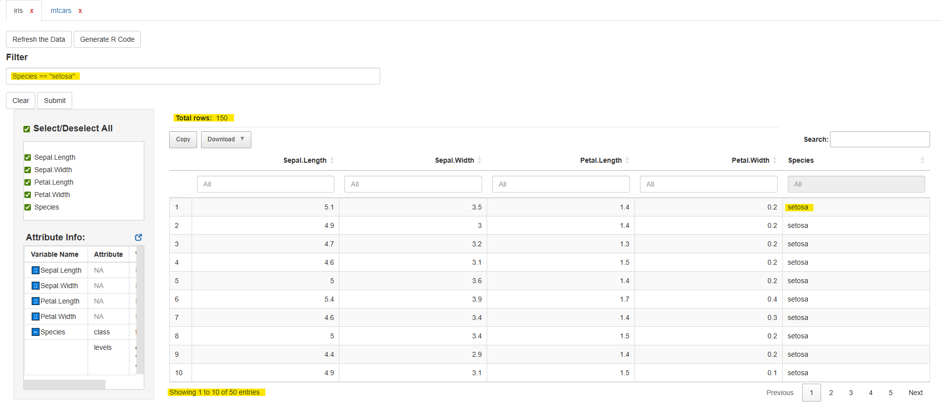 dataviewR viewing the iris dataset