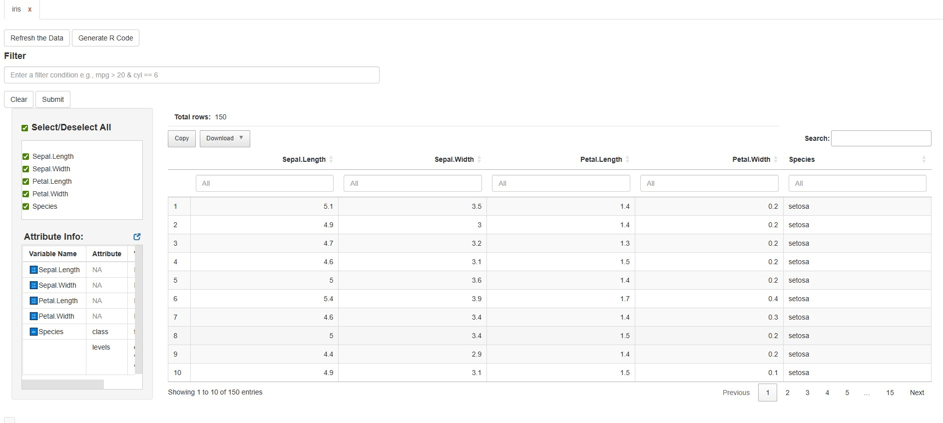 dataviewR viewing the iris dataset