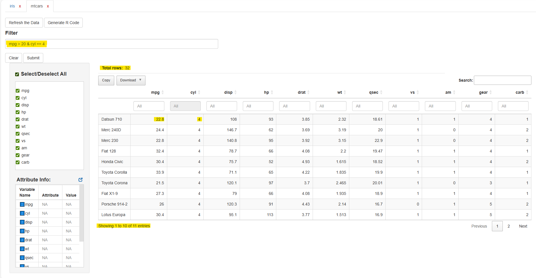 dataviewR viewing the iris dataset