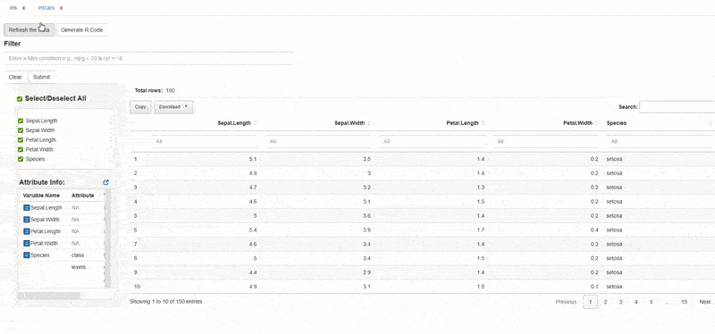dataviewR comparing iris and mtcars